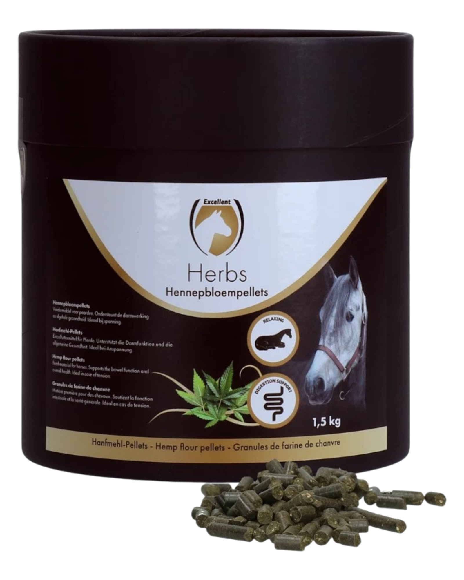 Excellent Horse hemp flour granulate 1.5 kg, supports intestinal function and general health, has a calming effect