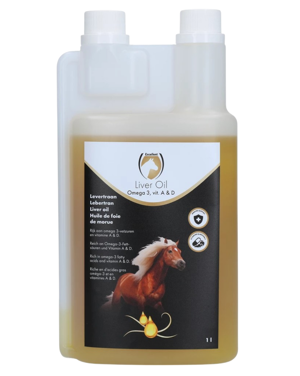 Uitstekende paardenleverolie, voor paarden in de groeifase, drachtig en ook in de winter wanneer de vraag naar vitamine A en D hoger is
