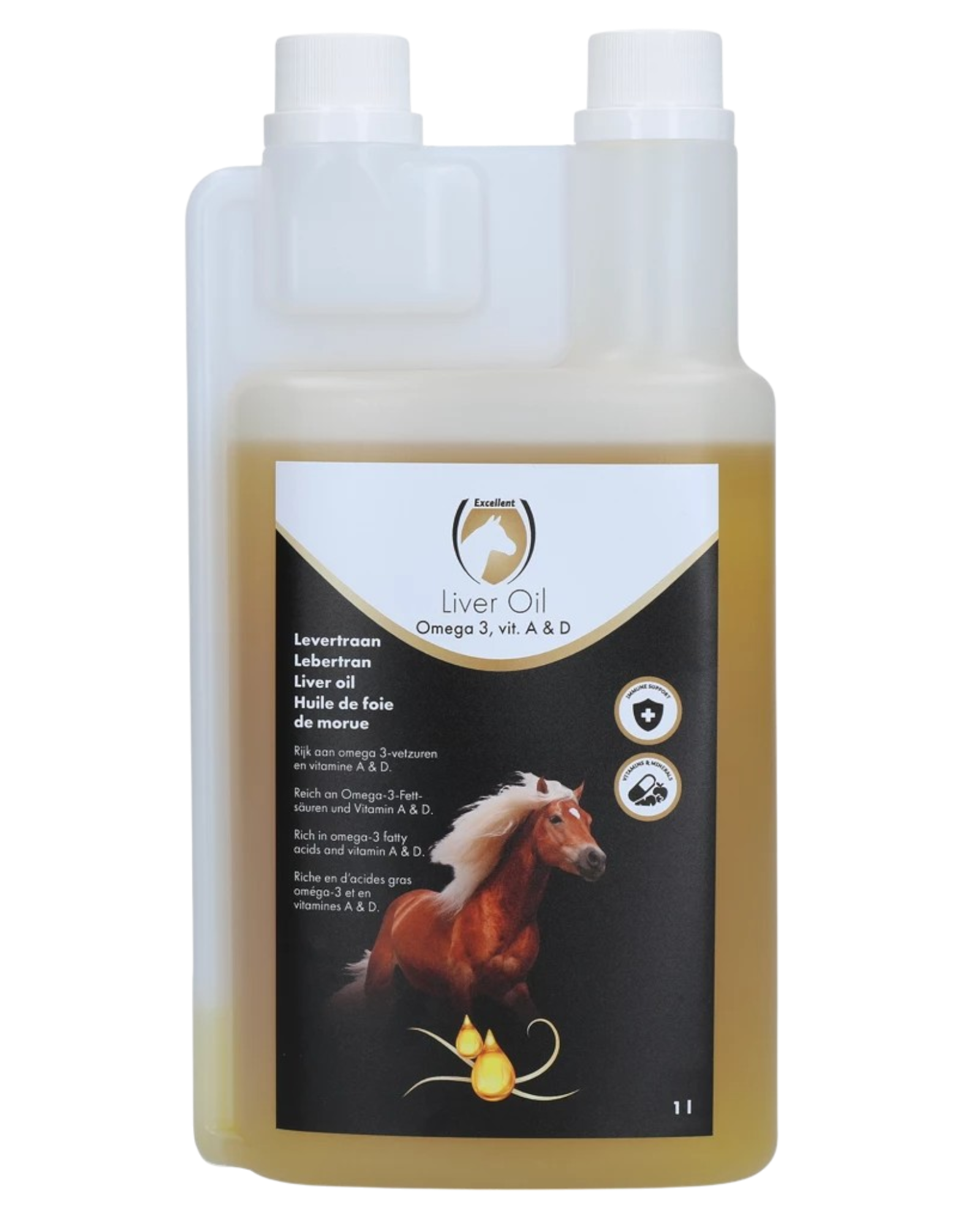 Uitstekende paardenleverolie, voor paarden in de groeifase, drachtig en ook in de winter wanneer de vraag naar vitamine A en D hoger is