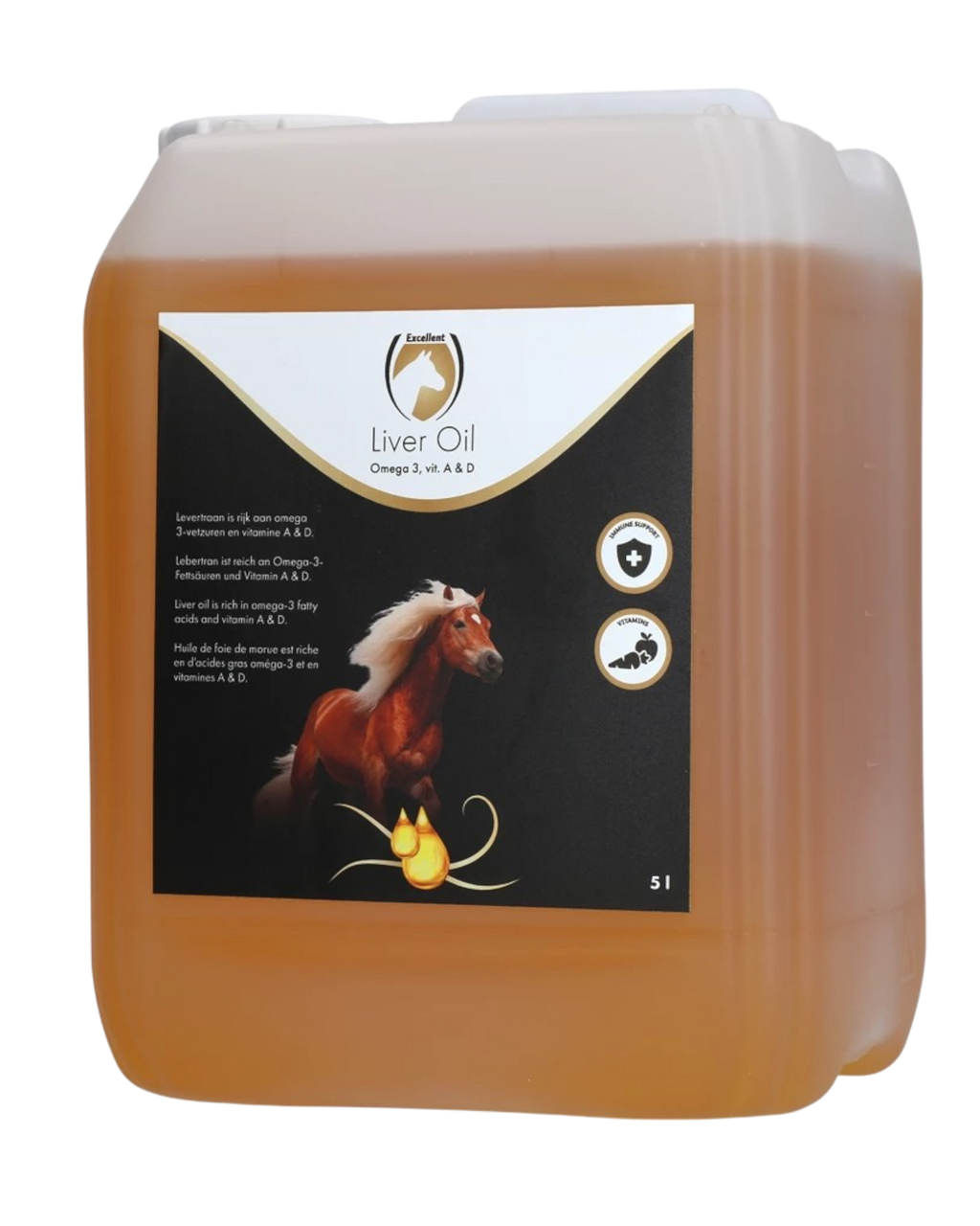 Uitstekende paardenleverolie, voor paarden in de groeifase, drachtig en ook in de winter wanneer de vraag naar vitamine A en D hoger is