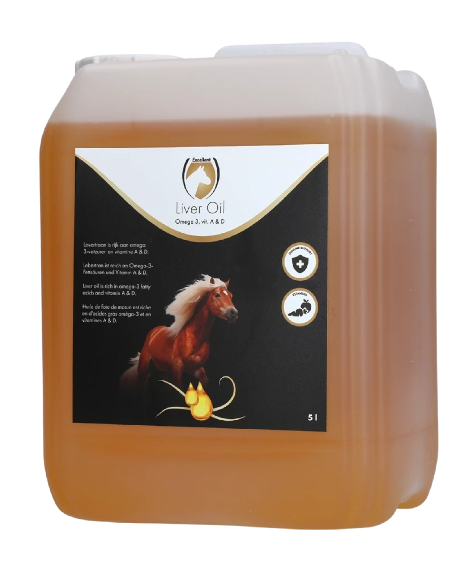 Uitstekende paardenleverolie, voor paarden in de groeifase, drachtig en ook in de winter wanneer de vraag naar vitamine A en D hoger is